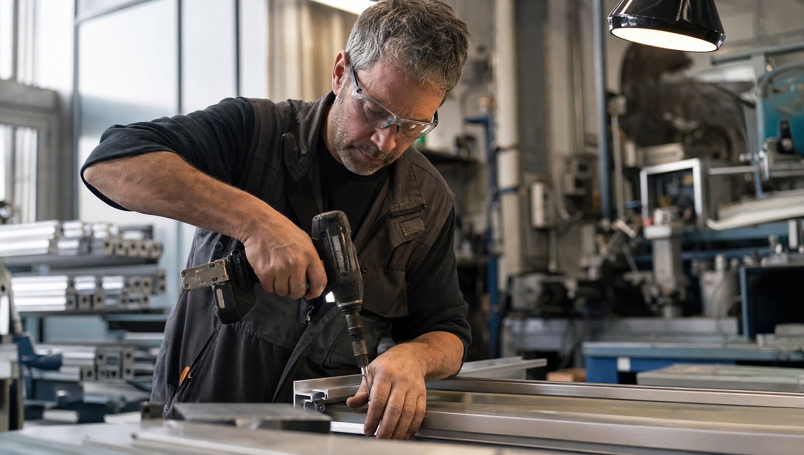 Montagemitarbeiter mit Akkuschrauber an Metallprofil